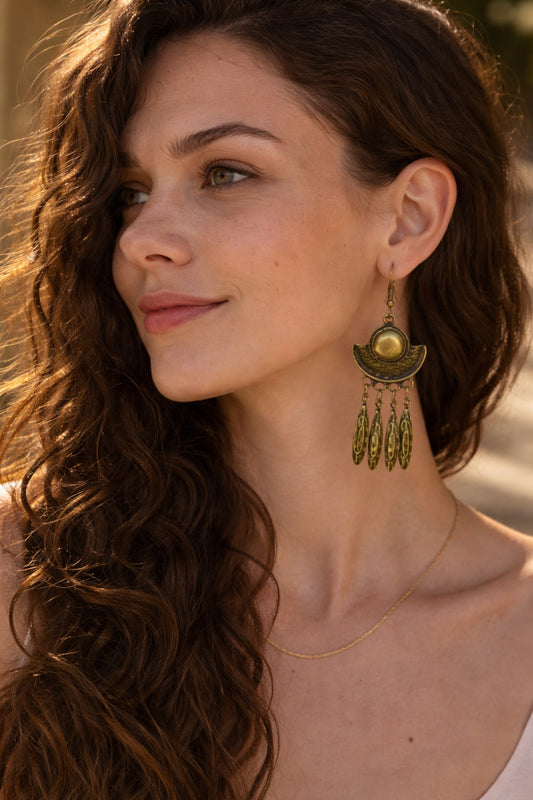 Boho Crescent Dangle Earrings in Silver & Bronze – 7.5 cm / 3"