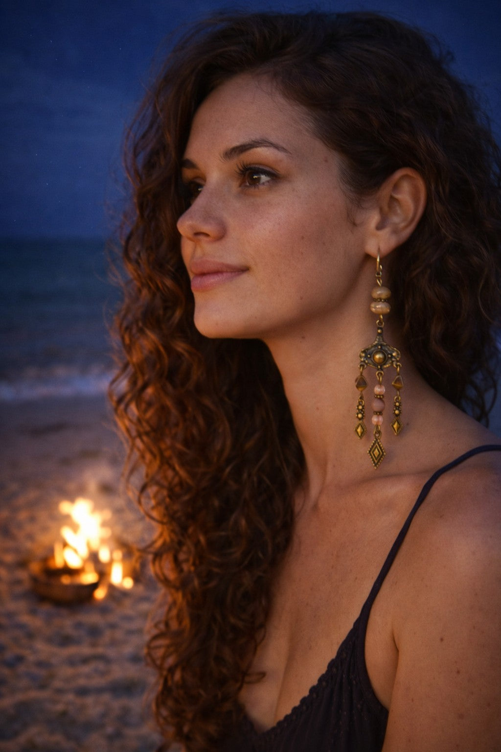 Pendientes boho tipo araña en bronce con vidrio checo – 3,7″
