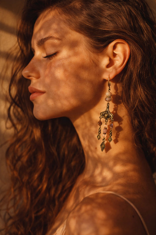: Boho Bronze Chandelier Earrings with Czech Glass – 3.7"