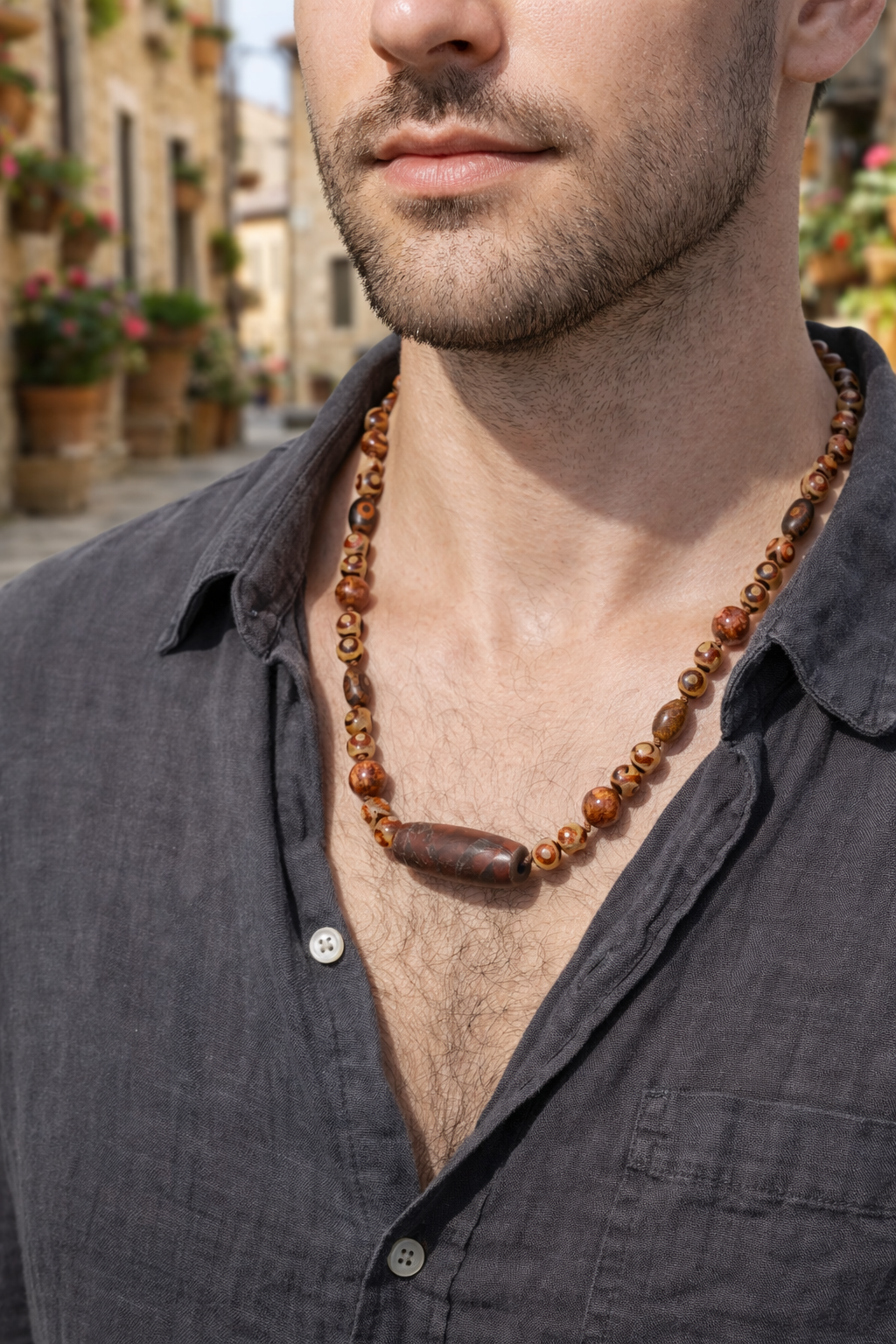 Collier Fait Main Style Tibétain avec Perle Dzi Dragon