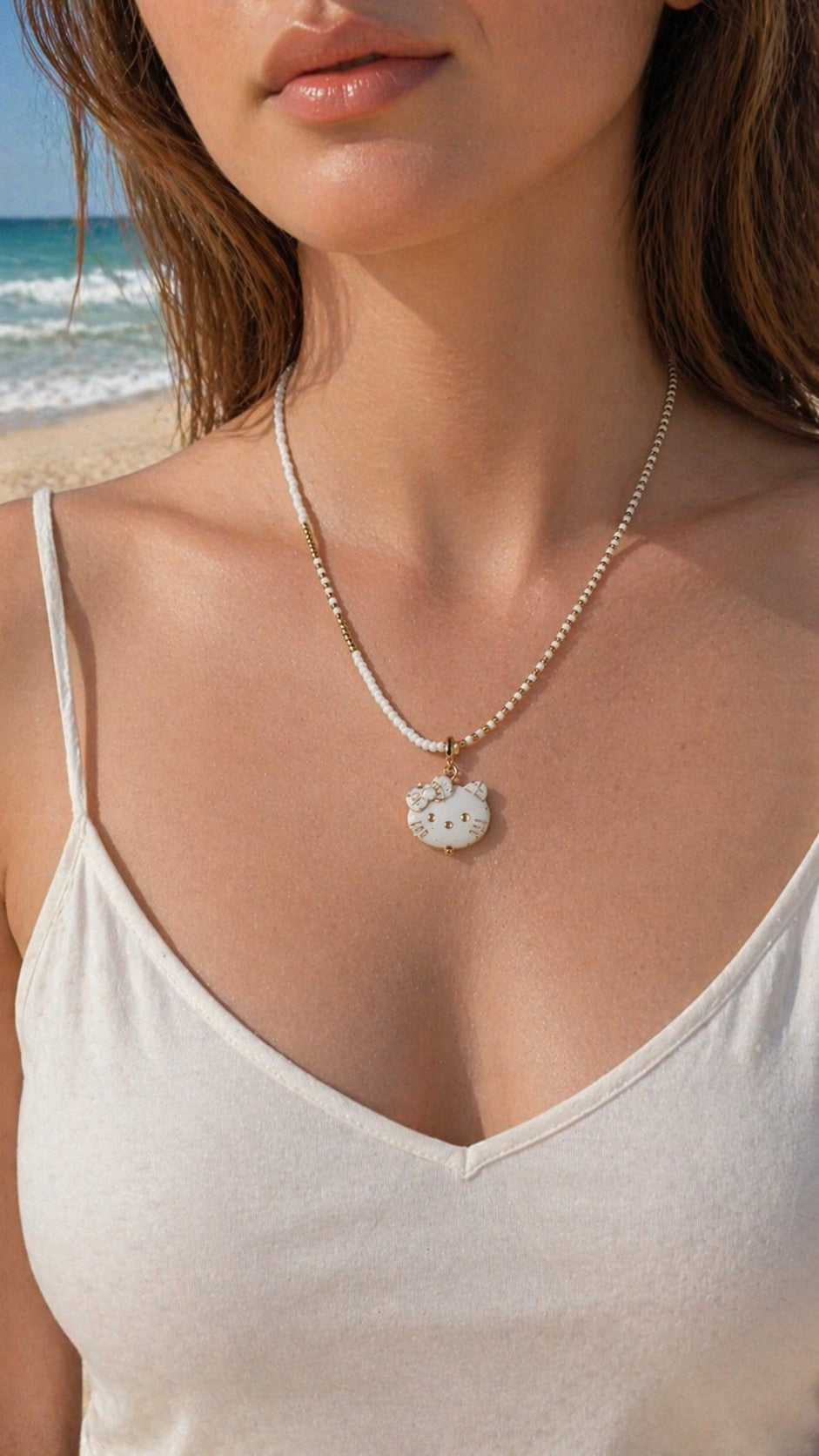Collier avec pendentif chat – Choker en perles en 3 couleurs
