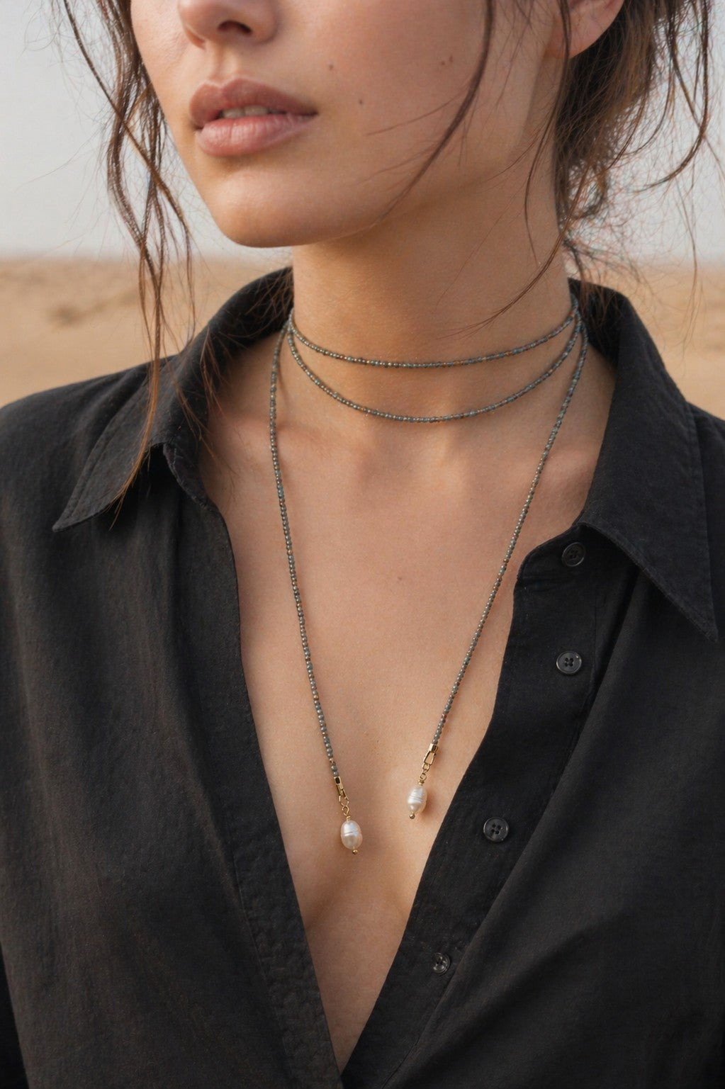 Dusty Blue Pearl Tie Necklace – Minimal Beaded Lariat, Wrap Necktie Jewelry