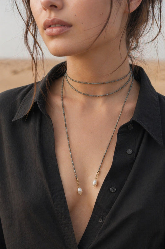Dusty Blue Pearl Tie Necklace – Minimal Beaded Lariat, Wrap Necktie Jewelry