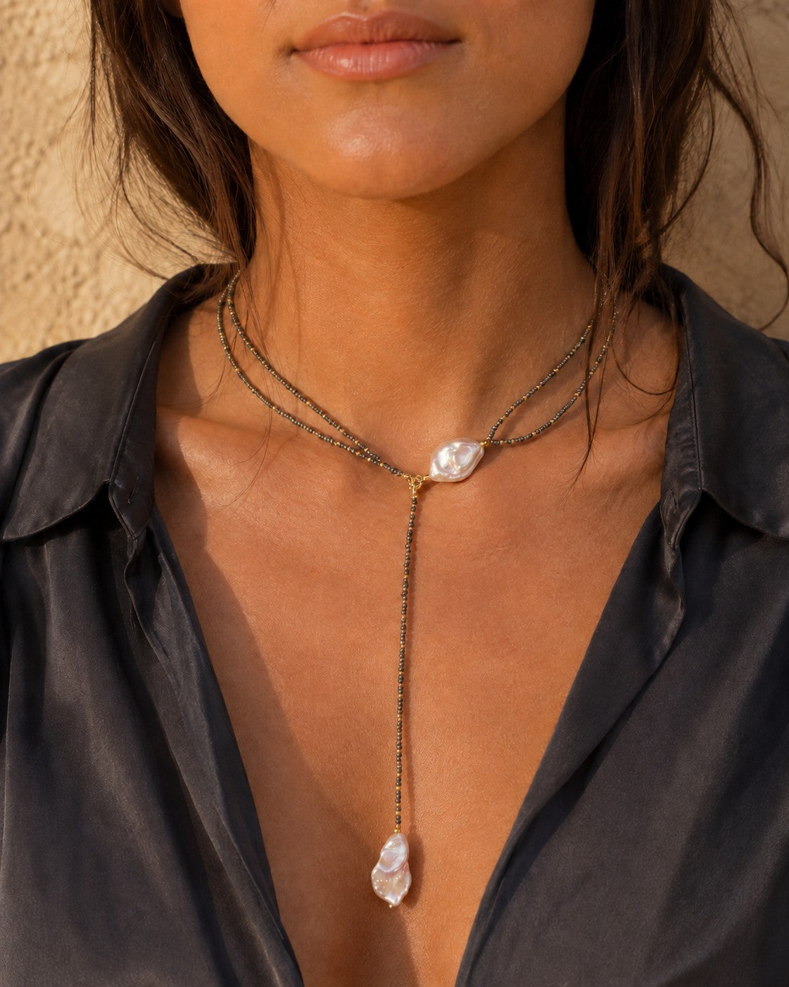 Collier lariat double rang Dusty Blue avec perles baroques, collier Y en perles, pendentif long fait main