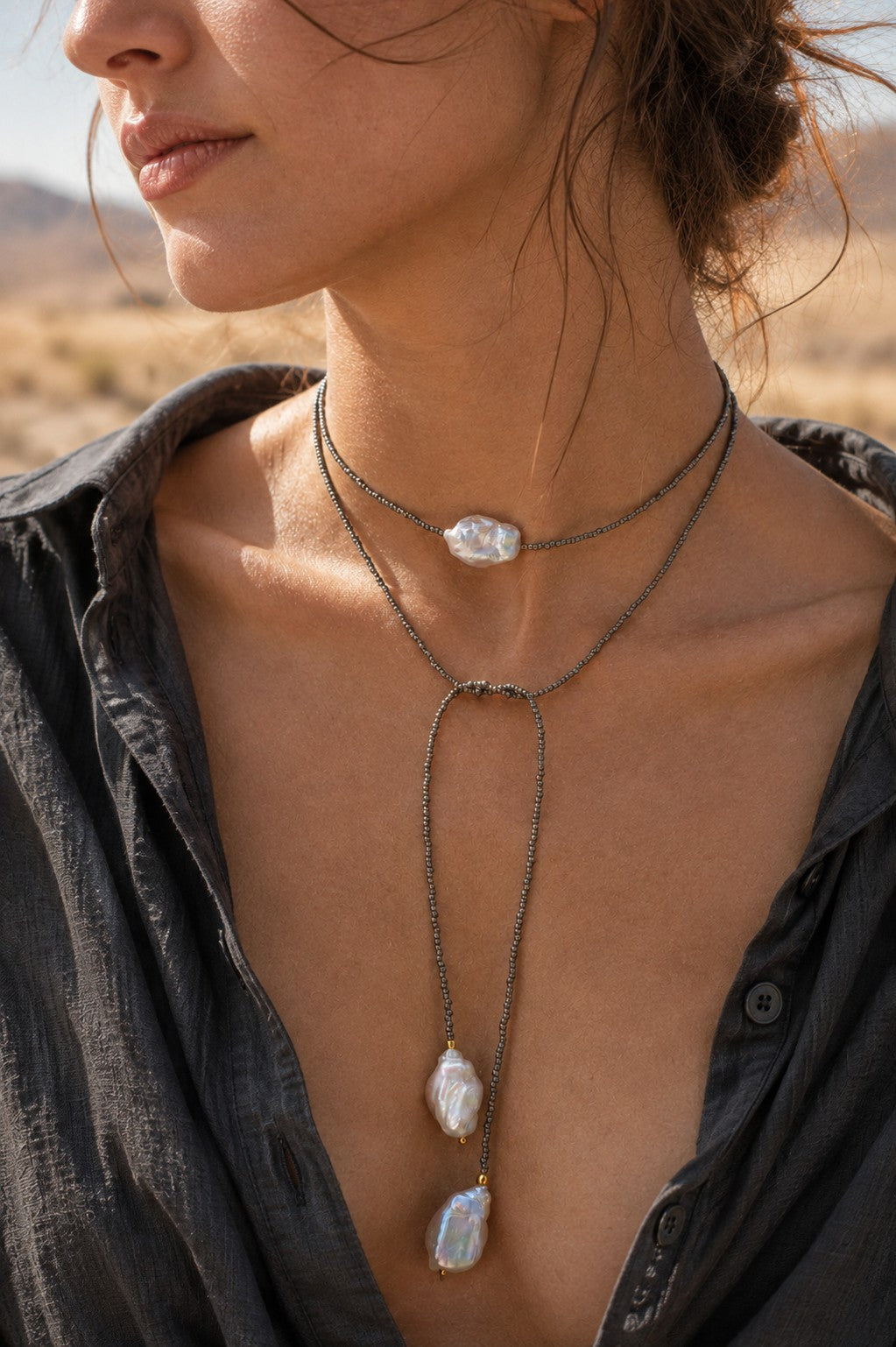 Graphite Pearl Collier lariat – Long collier Y en perles
