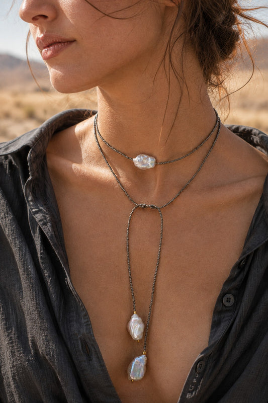 Graphite Pearl Lariat Necklace – Long Beaded Y Necklace