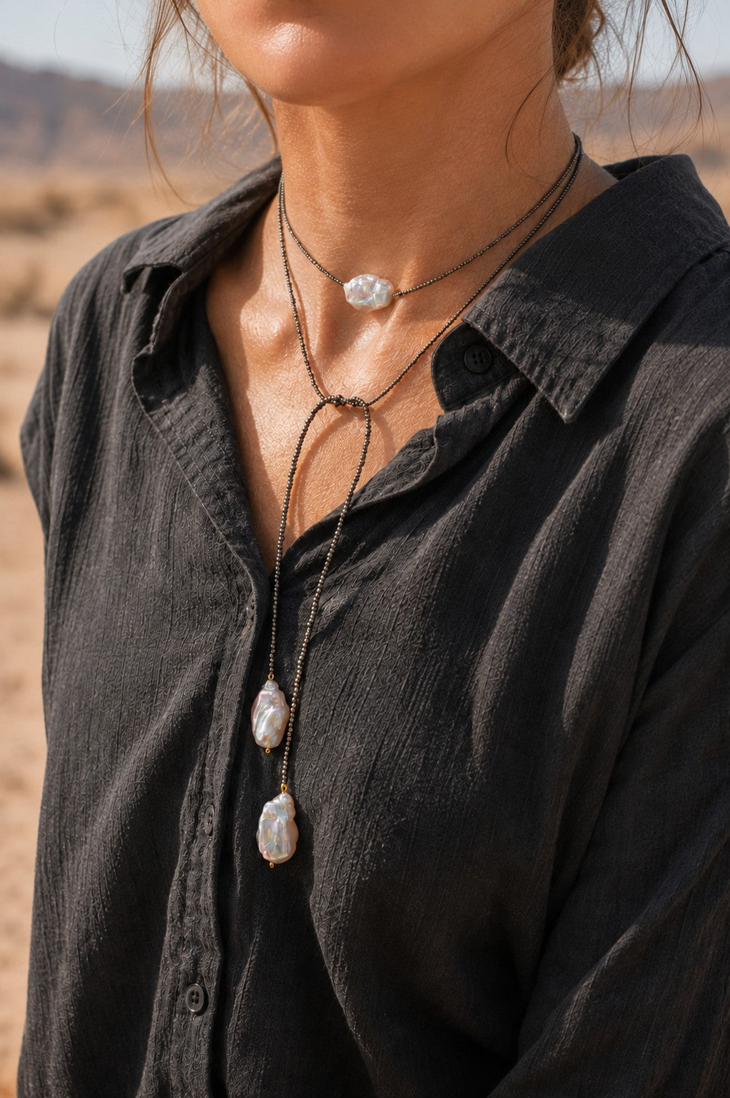 Graphite Pearl Collier lariat – Long collier Y en perles
