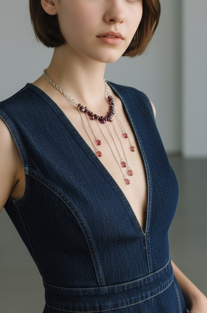 Garnet Fringe Chain Statement Necklace