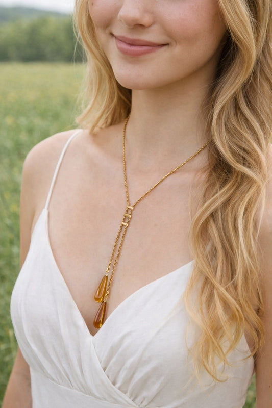 Agate Drop Lariat Necklace – Gold Seed Bead Y Necklace with Natural Agate Tips
