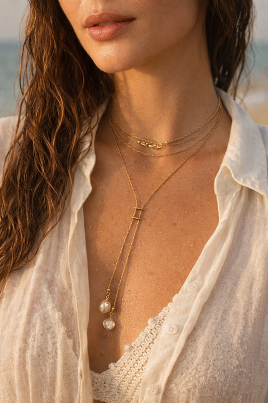 Boho Gold Beaded Lariat Necklace – Minimalist Wrap Y Necklace with Baroque Freshwater Pearls – Layered Handmade Jewelry