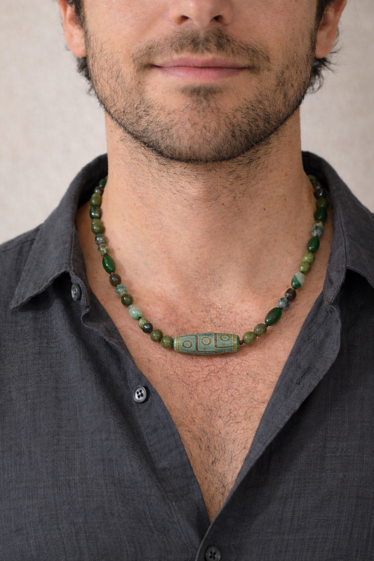 Green Agate, Jade, Esmeralda  & Tibetan Dzi Bead Necklace – Boho Healing Stone Jewelry