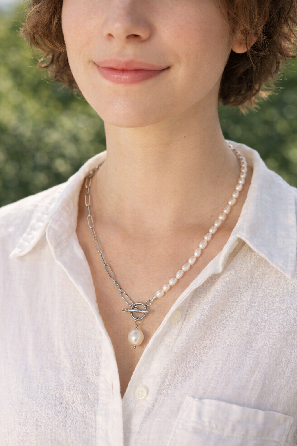 Collier Statement à Perles avec Fermoir Toggle en Acier Inoxydable