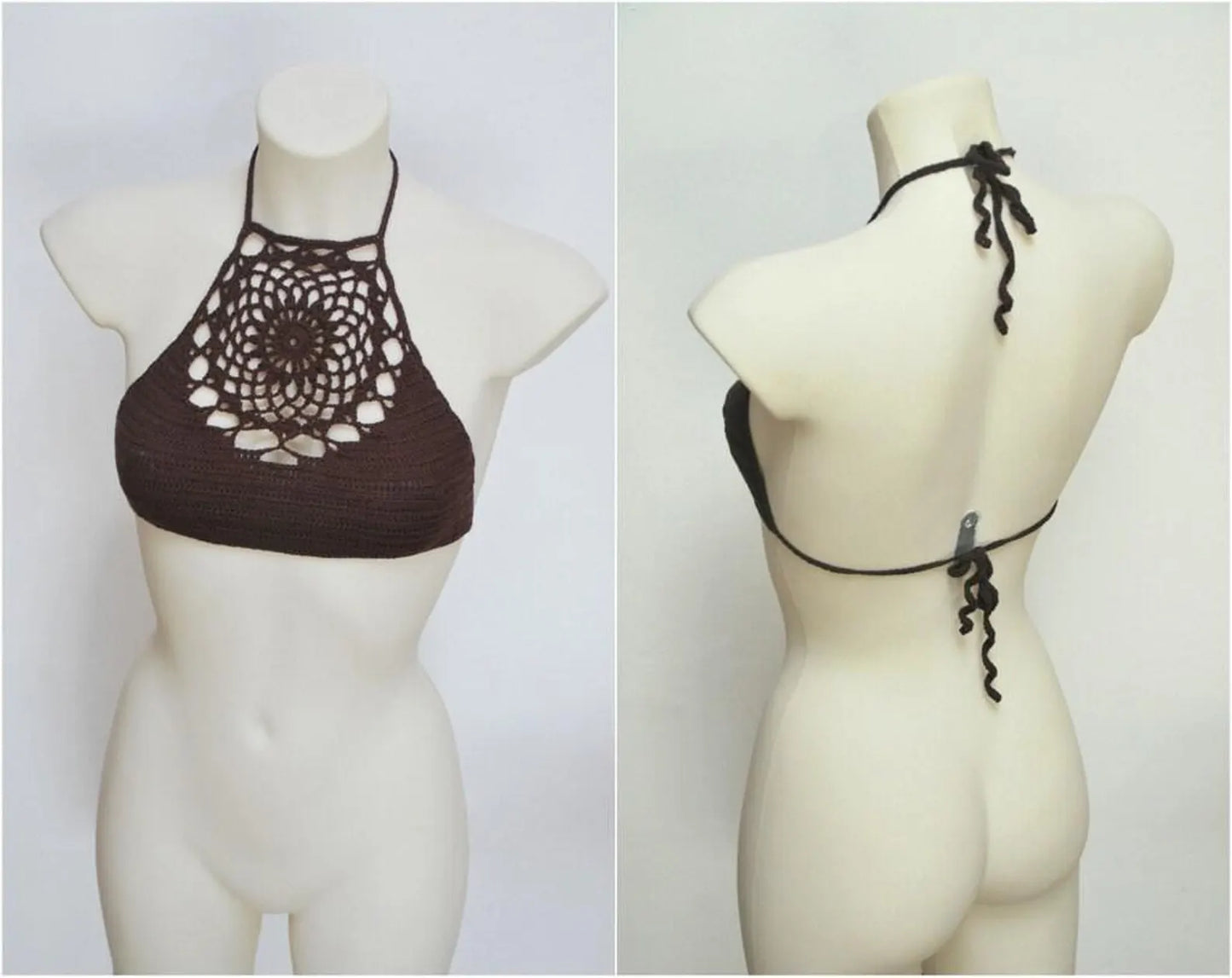 Top halter de crochet marrón – bralette boho estilo atrapasueños

