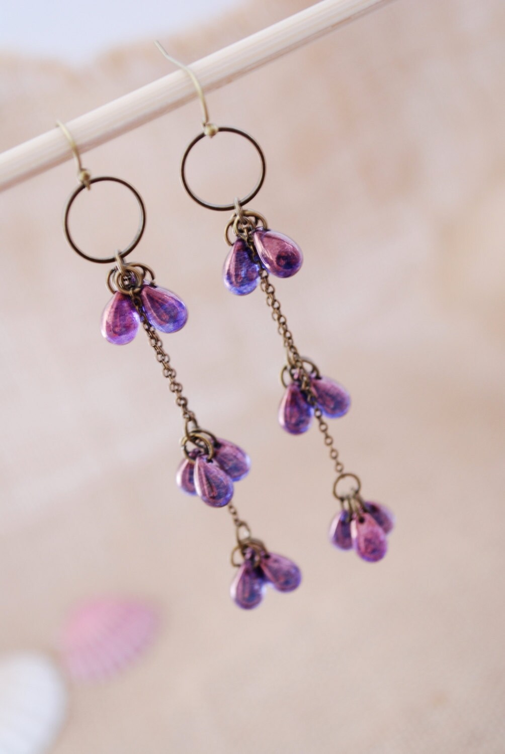 Cascade earrings, long chain brass earrings, purple teardrop earrings, , length 9cm 3,5"