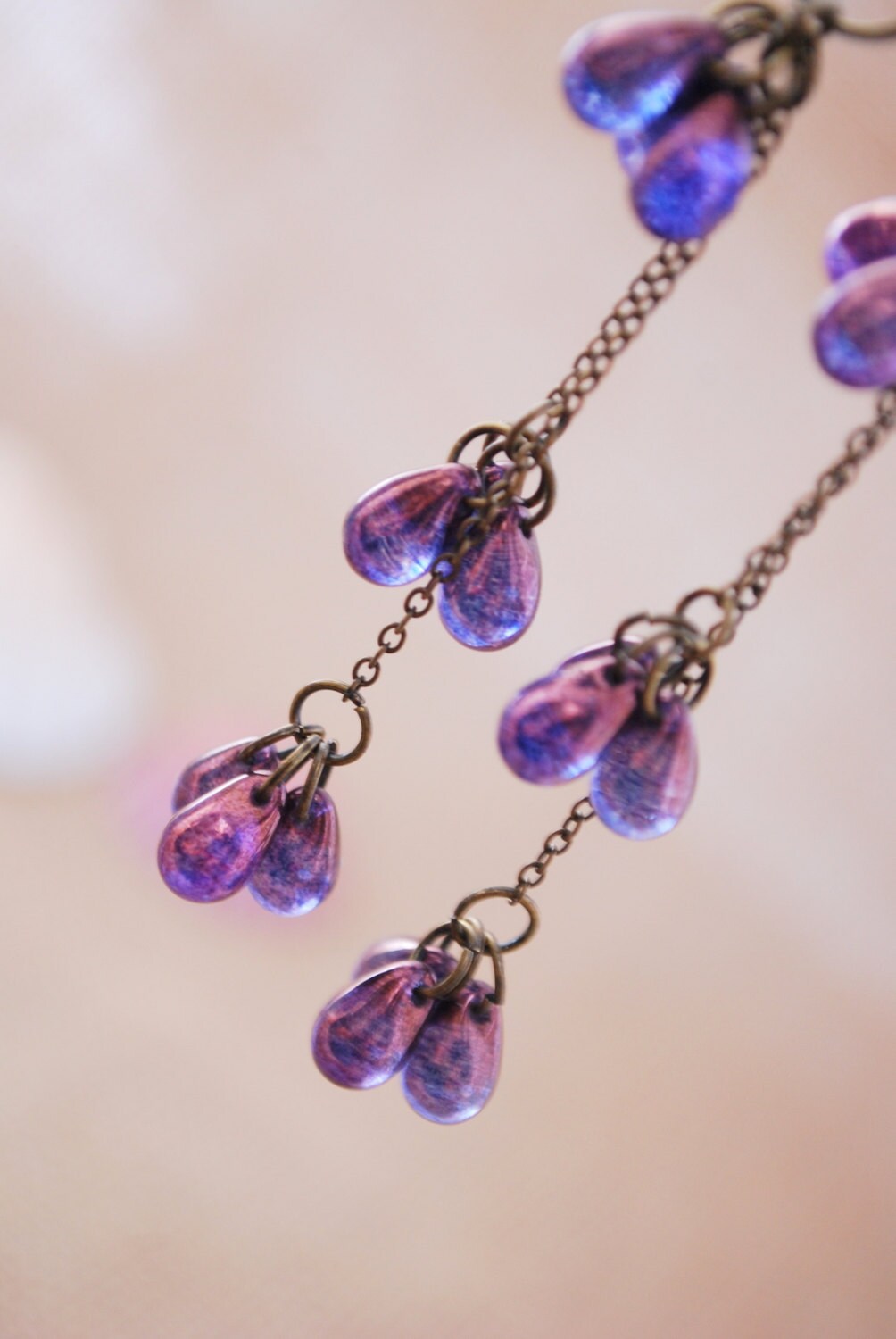 Cascade earrings, long chain brass earrings, purple teardrop earrings, , length 9cm 3,5"