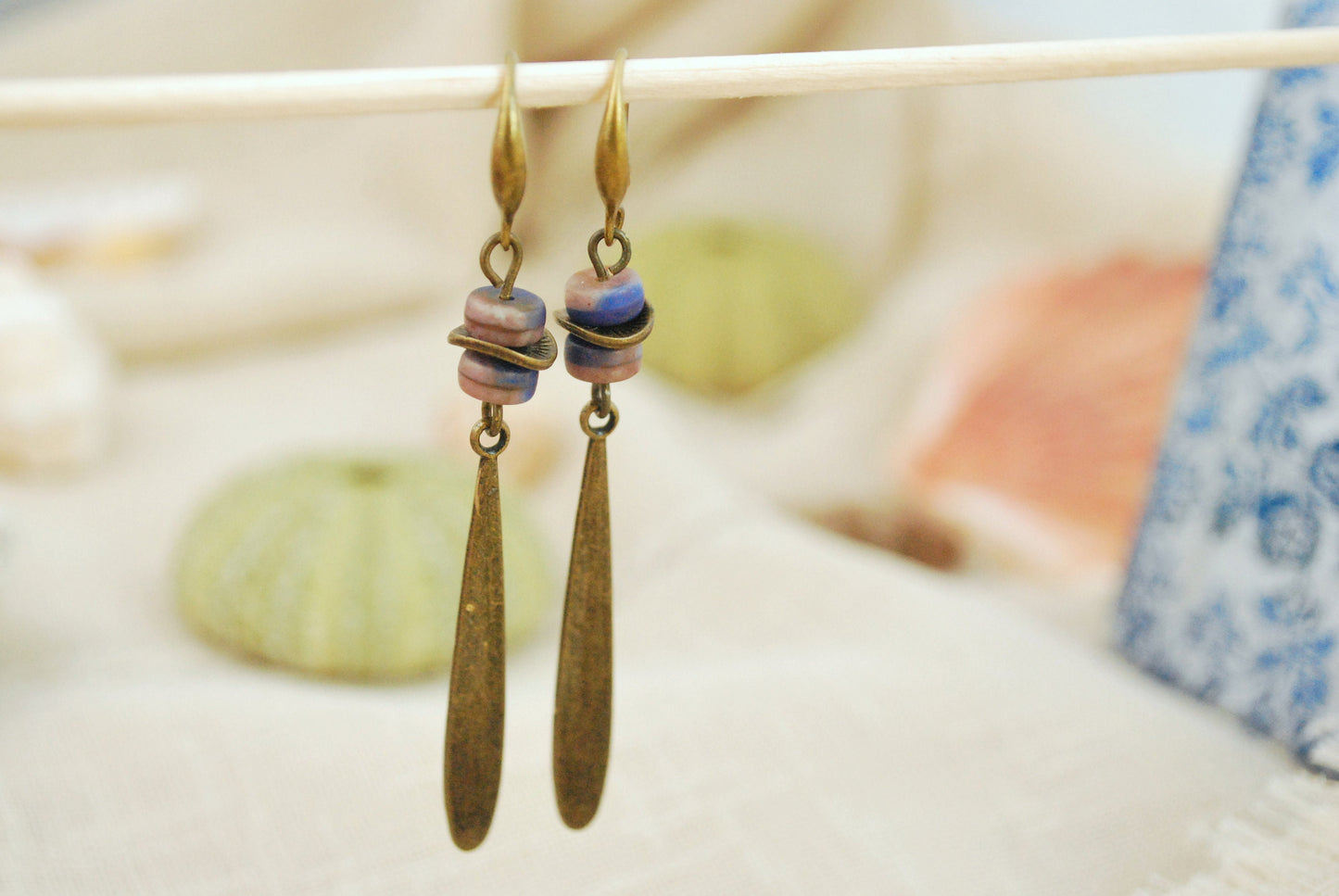 Minimalist Long blue earrings, teardrop retro earrings, Spring Summer. 2.7"