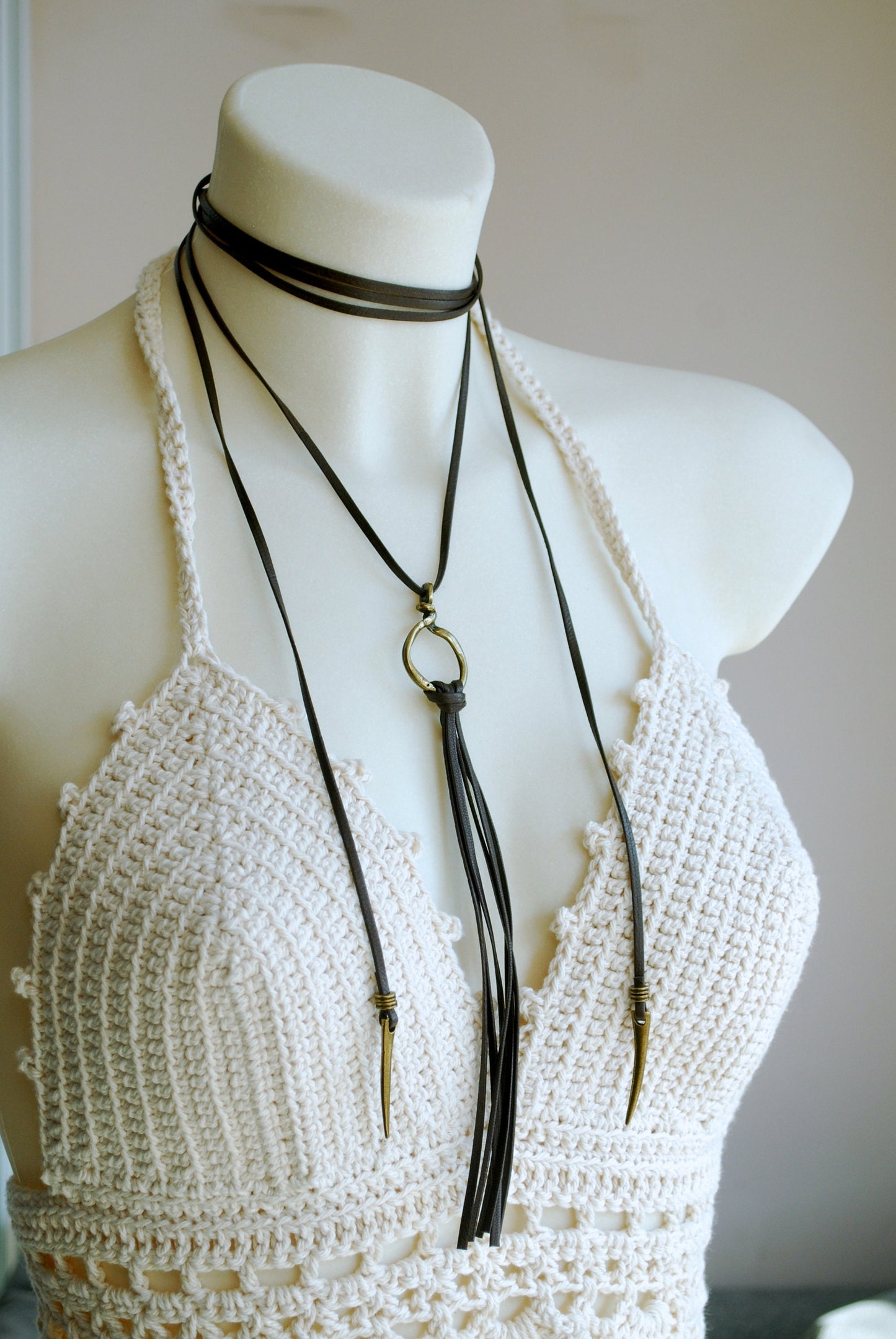 Best quality brown soft leather cord necklace, Trendy leather choker, estibela design, long necklace