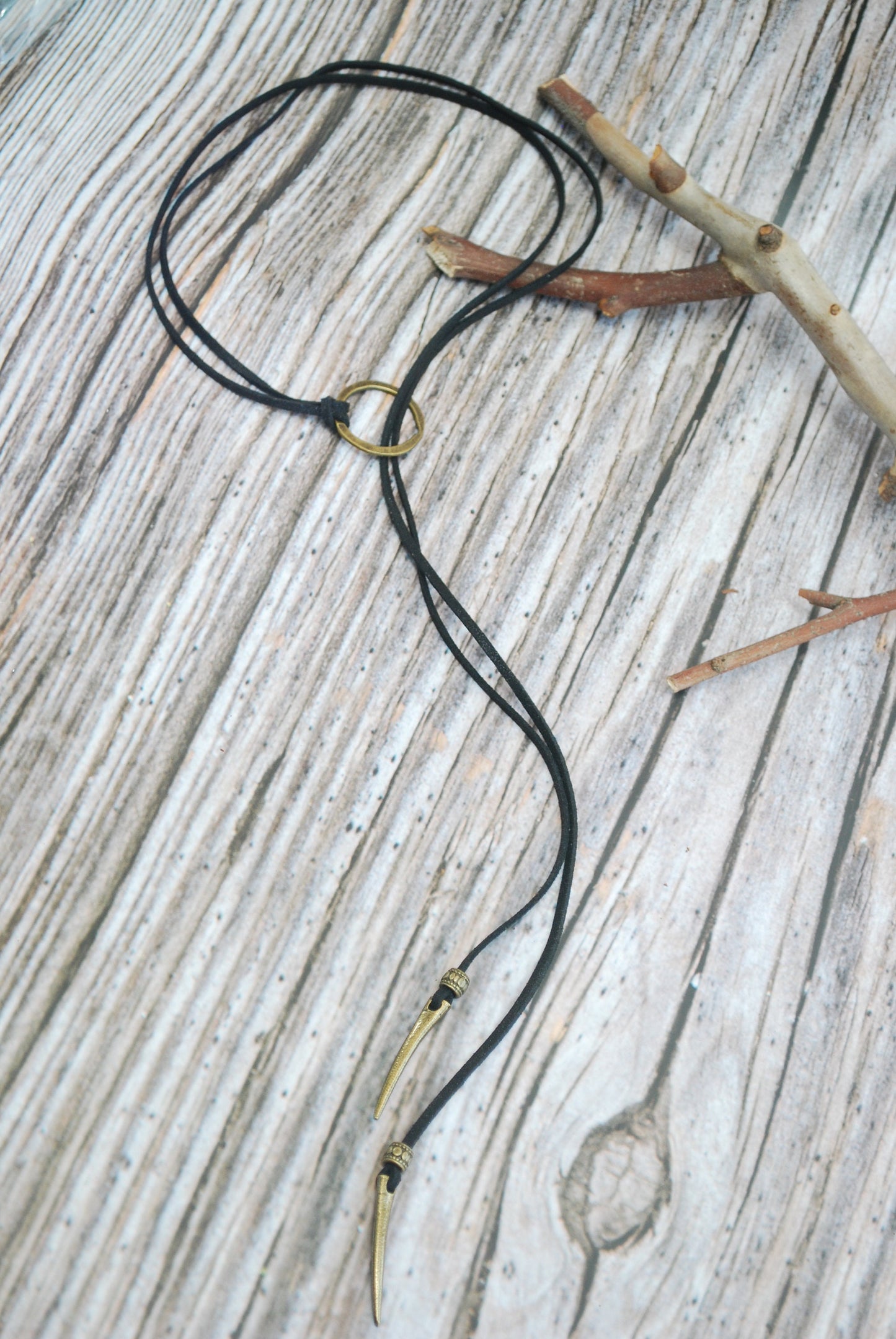 Leather choker, leather and bronze beaded necklace. Bohemian jewelry.