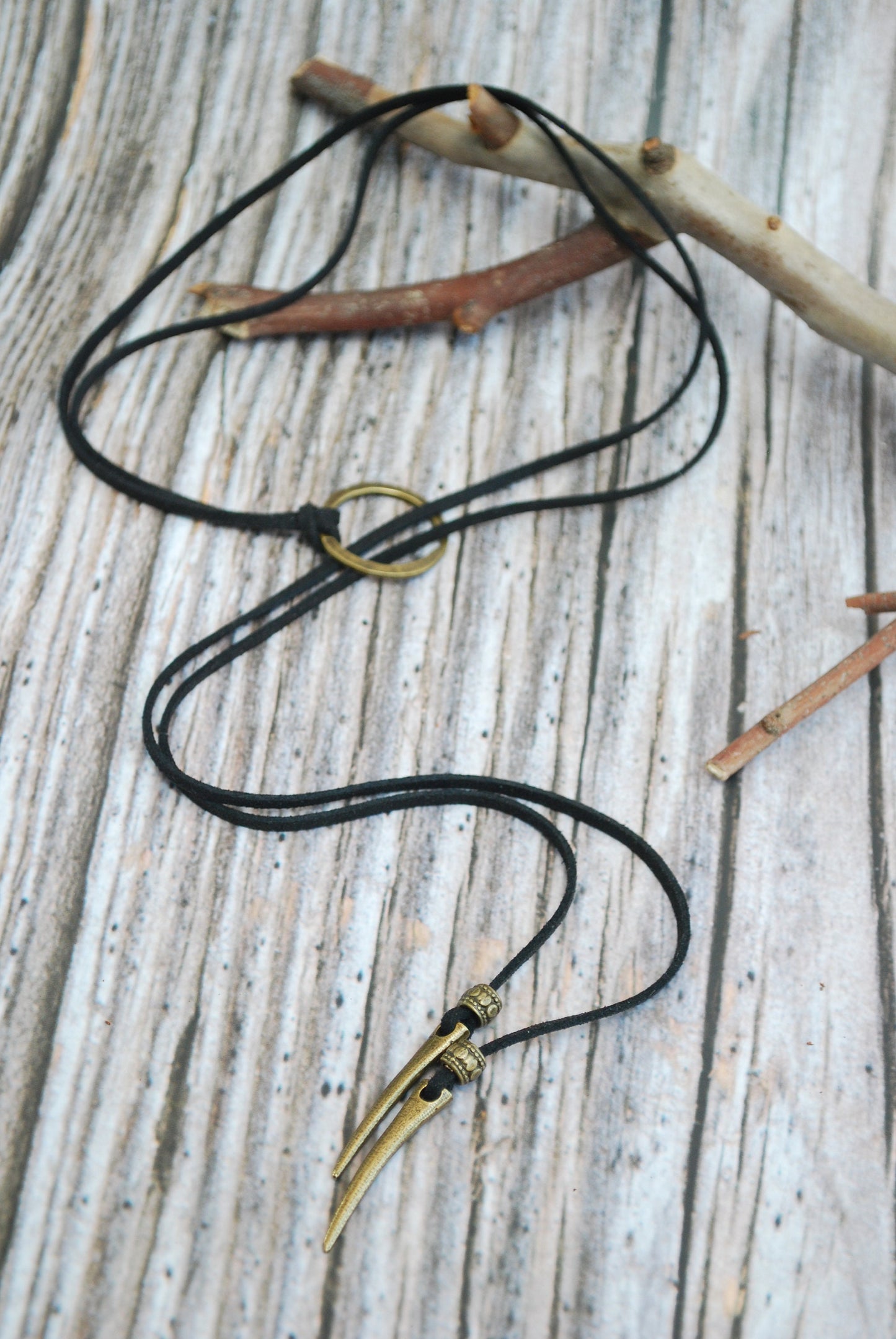 Leather choker, leather and bronze beaded necklace. Bohemian jewelry.