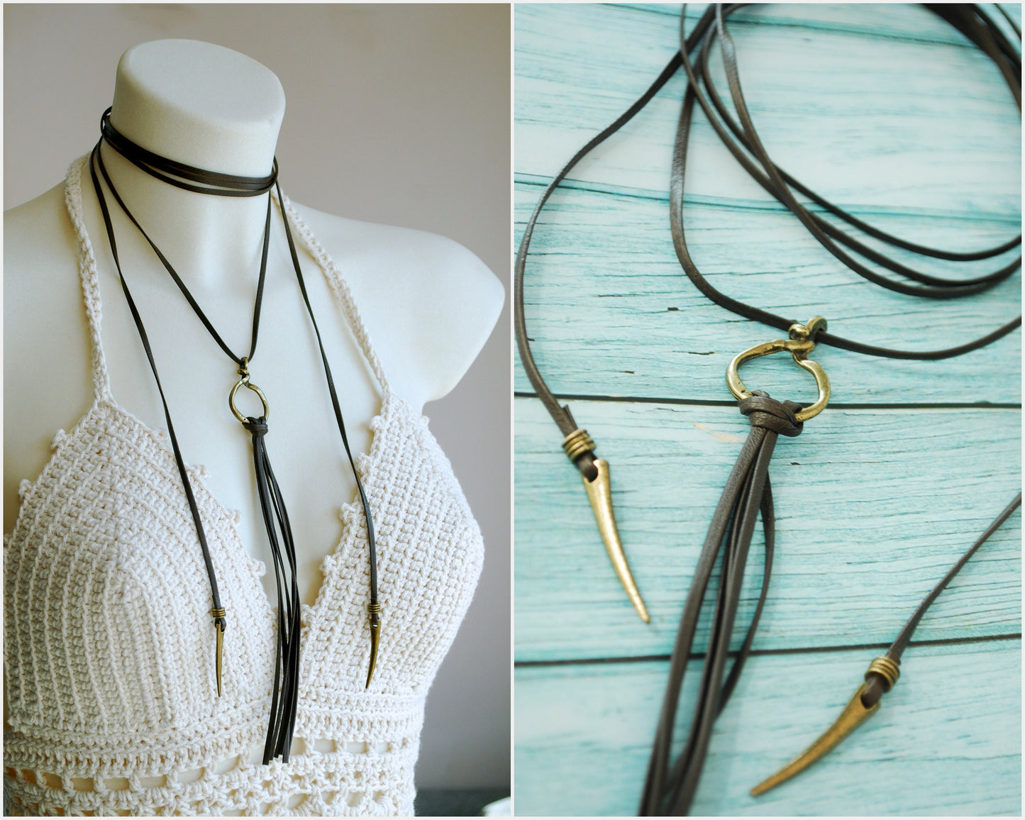 Last 2 in stock - Best quality brown soft leather cord necklace, Trendy leather choker, estibela design, long necklace. Estibela design.