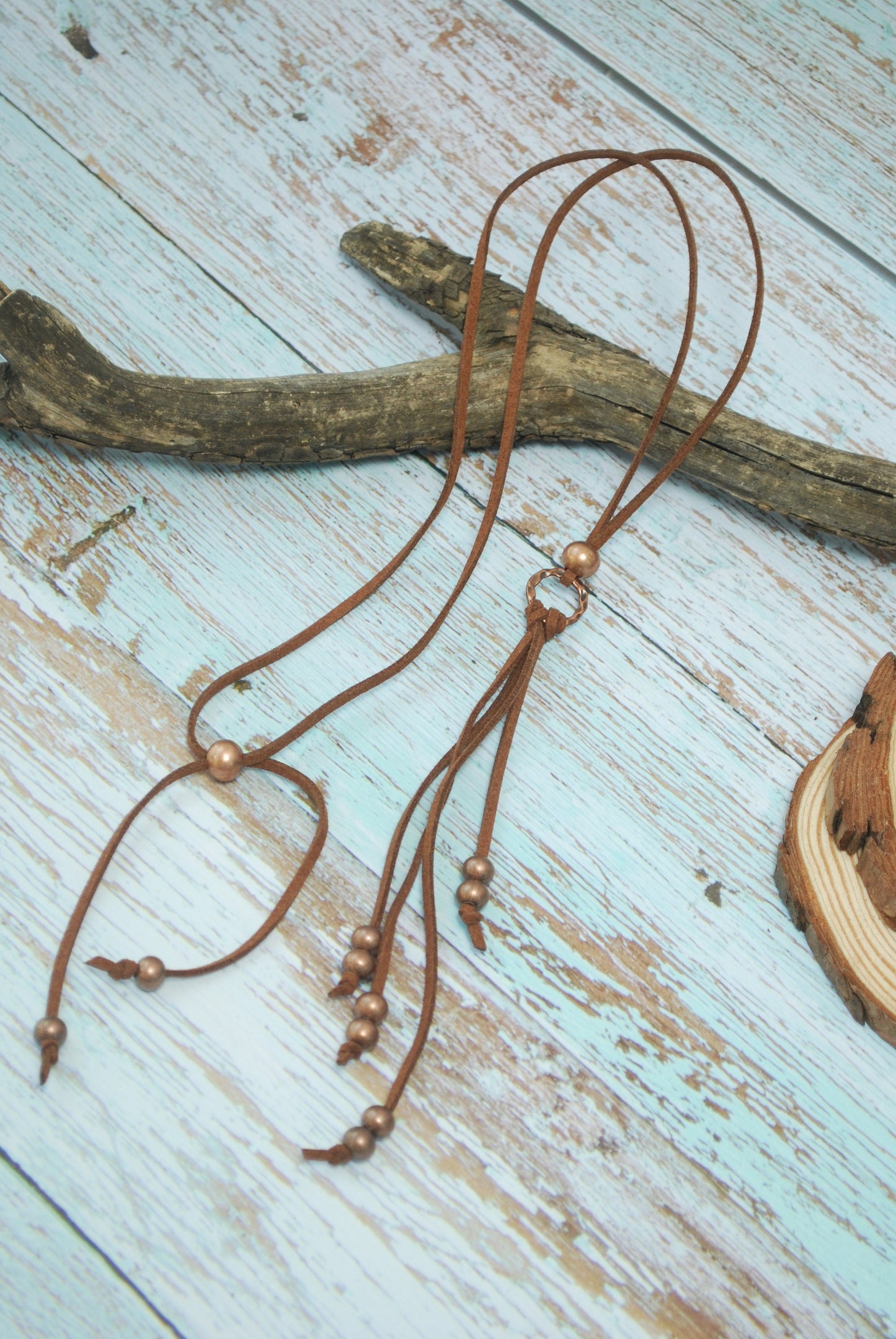 Unique boho leather brown necklace. Beaded  ring fringe necklace, Rustic copper extra long necklace