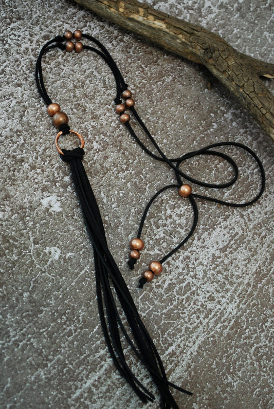 Beautiful fringe long leather charm necklace, beige brown and black colors, boho life style