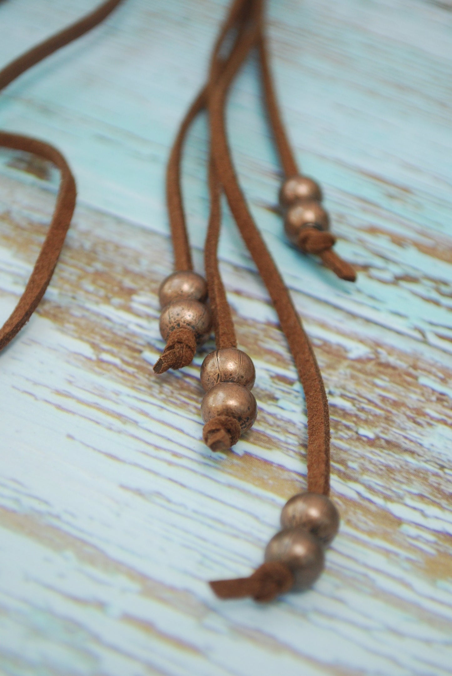 Unique boho leather brown necklace. Beaded  ring fringe necklace, Rustic copper extra long necklace