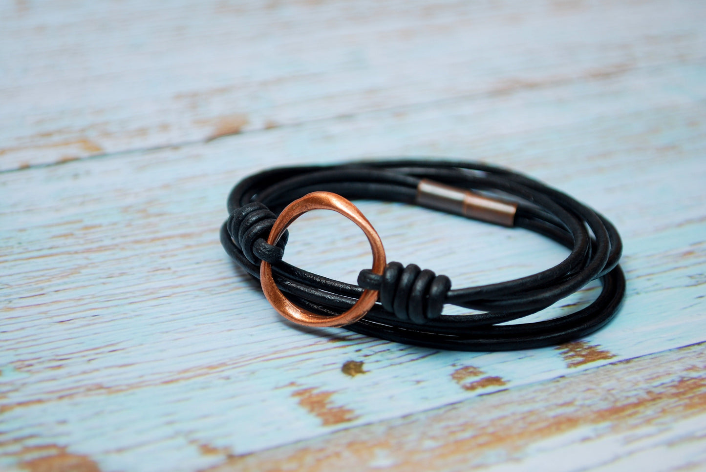 Boho Leather Circle Bracelet - Multi-layered Black Leather with Copper Ring for Men and Women