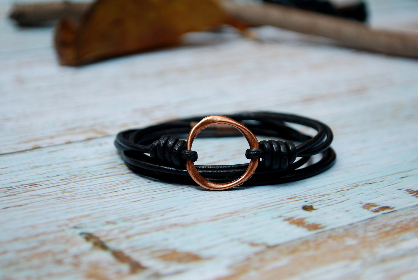 Boho Leather Circle Bracelet - Multi-layered Black Leather with Copper Ring for Men and Women