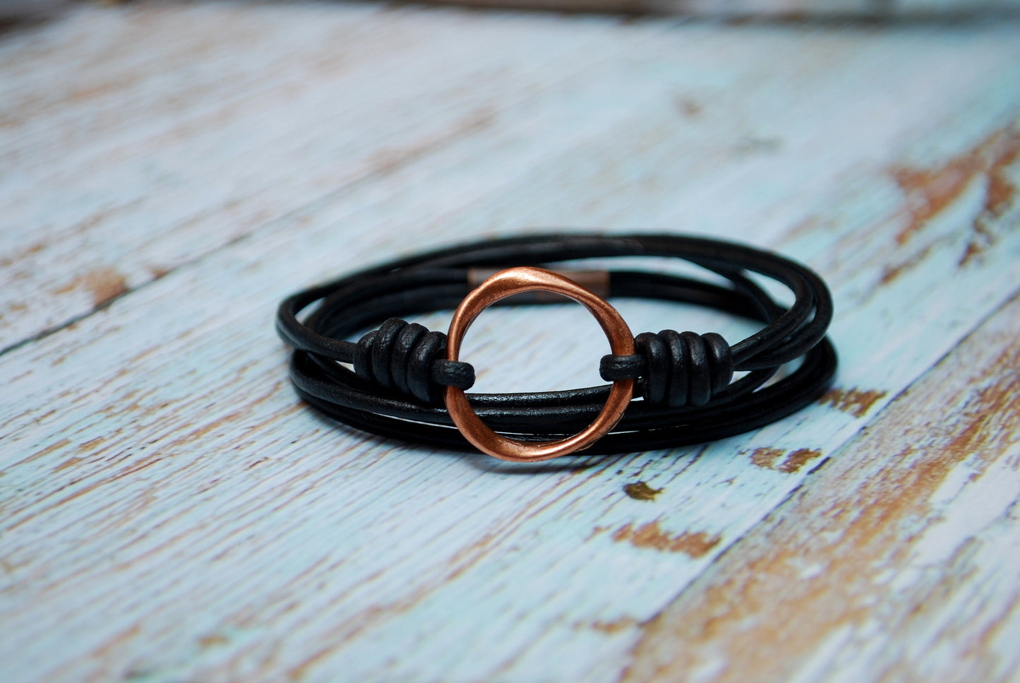 Boho Leather Circle Bracelet - Multi-layered Black Leather with Copper Ring for Men and Women