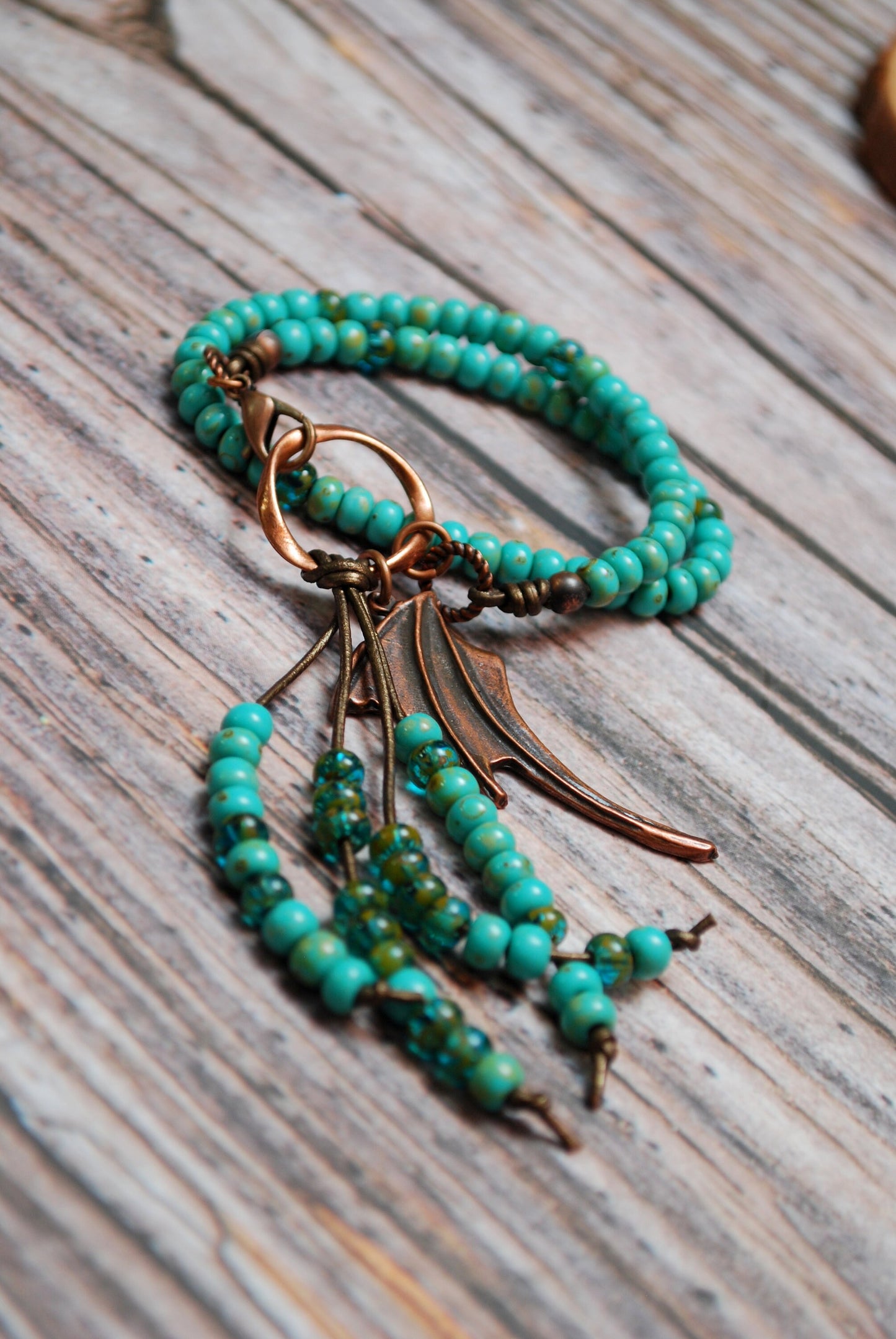 Turquoise Green beaded boho 2 turn leather bracelet, copper dragon wing fringe bracelet, unisex jewelry