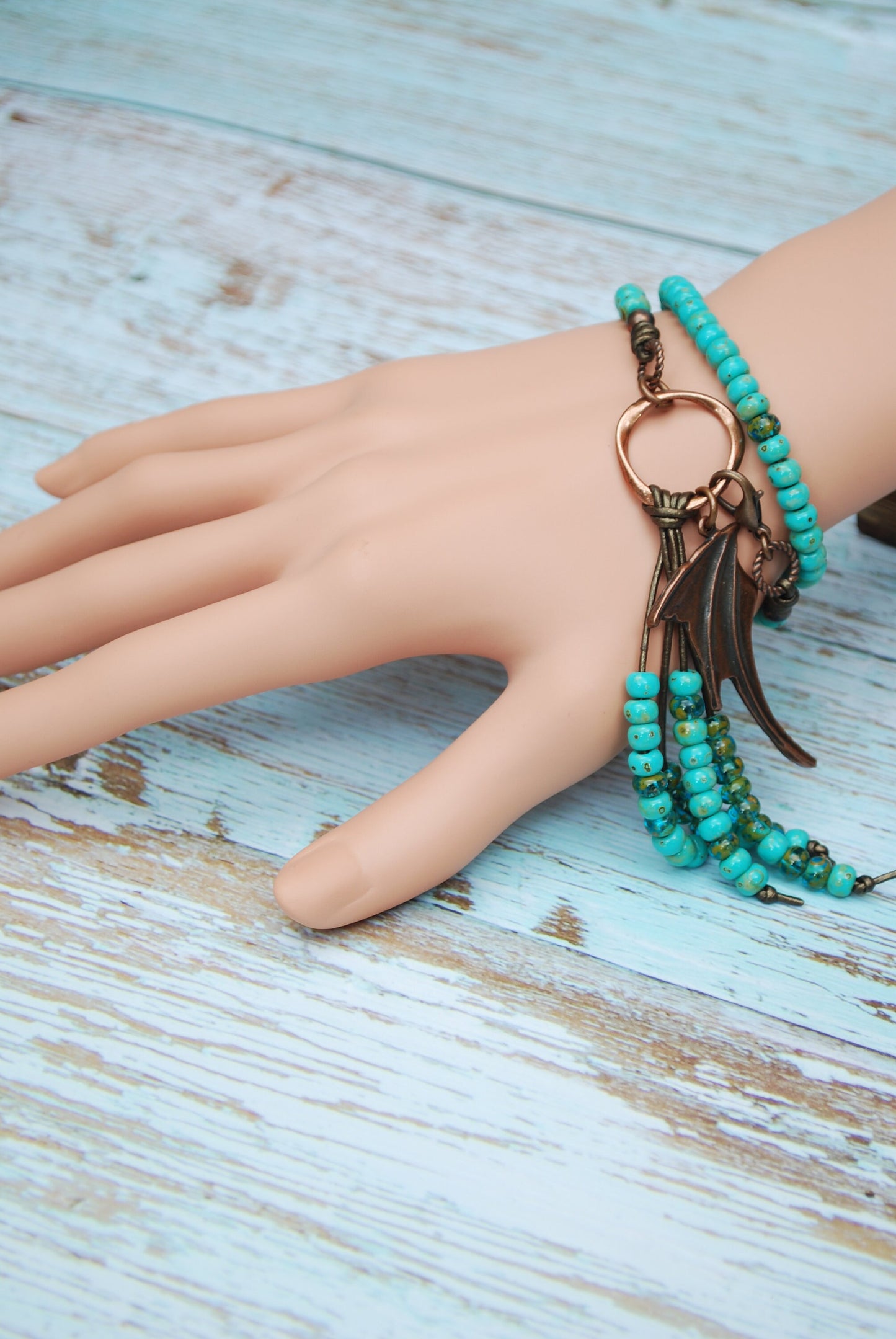 Turquoise Green beaded boho 2 turn leather bracelet, copper dragon wing fringe bracelet, unisex jewelry