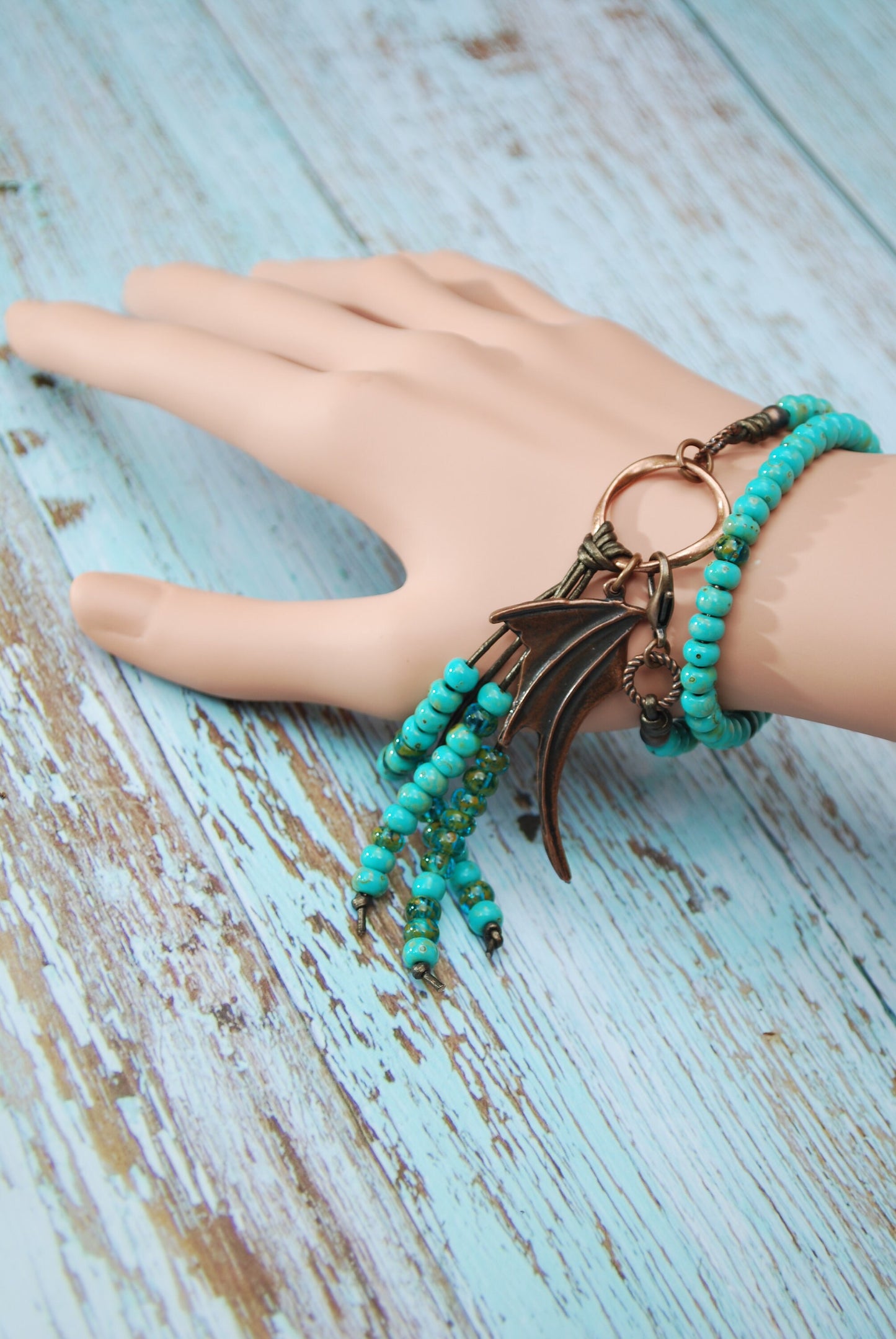 Turquoise Green beaded boho 2 turn leather bracelet, copper dragon wing fringe bracelet, unisex jewelry