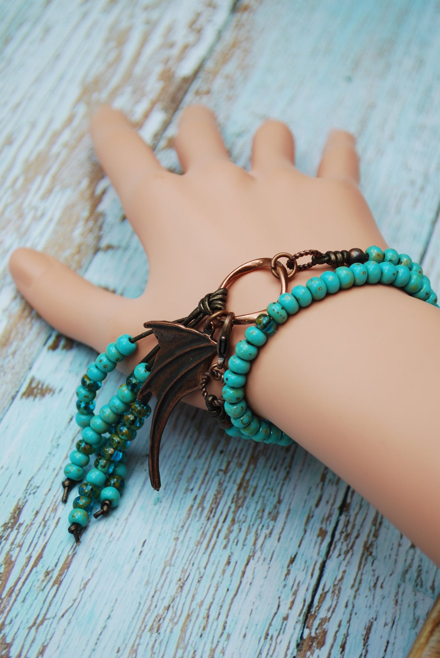 Turquoise Green beaded boho 2 turn leather bracelet, copper dragon wing fringe bracelet, unisex jewelry