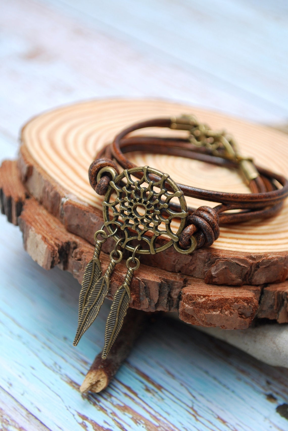 Dream catcher leather bracelet, Native American and First Nations cultures.