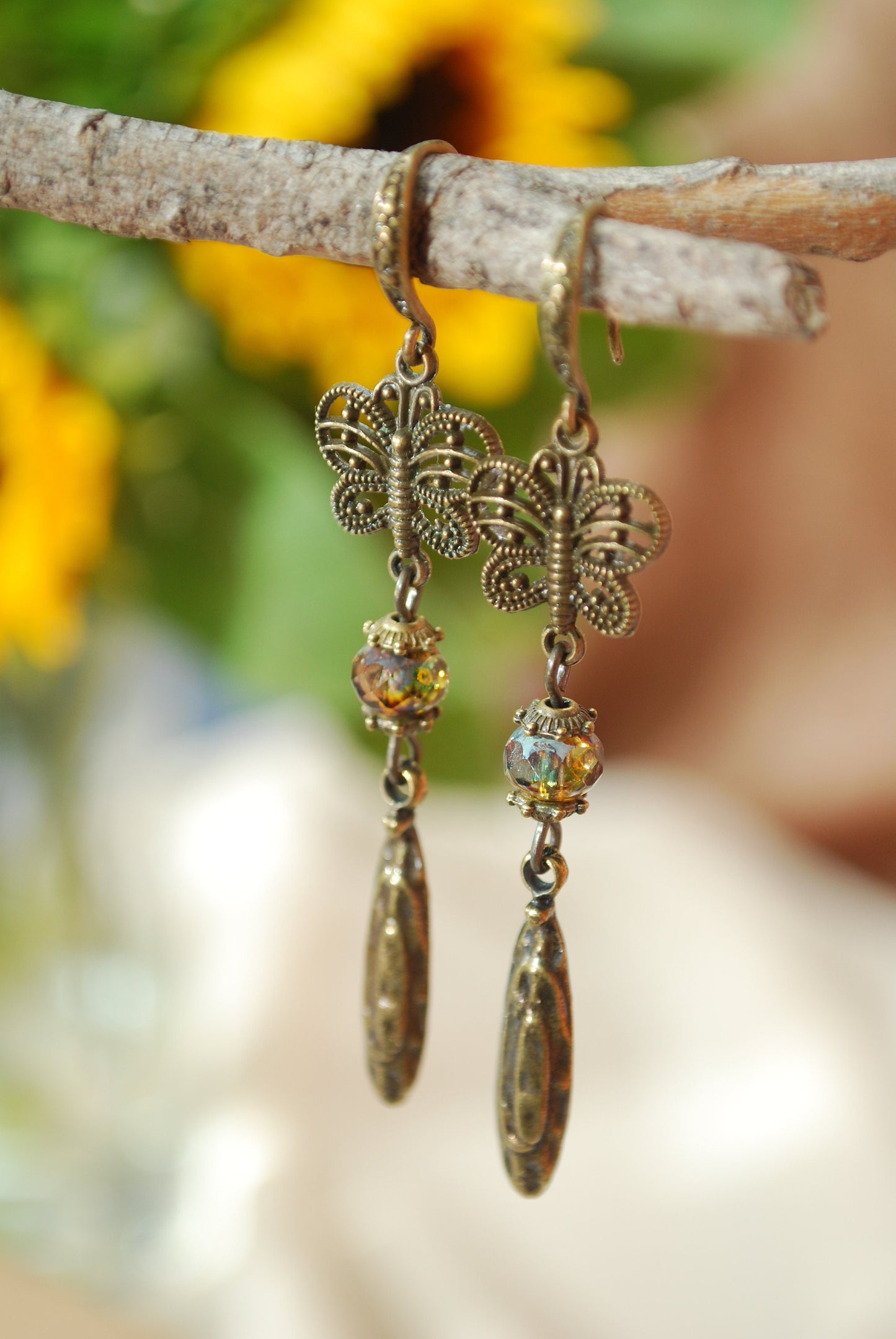 Butterfly teardrop earrings, simpe delicate earrings, 7cm, 2,75"