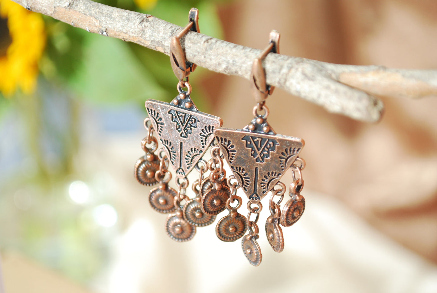 Triangle stylish exclusive festival earrings, Gypsy folk copper earrings, Estibela design, length 5,5 cm, 2.2"