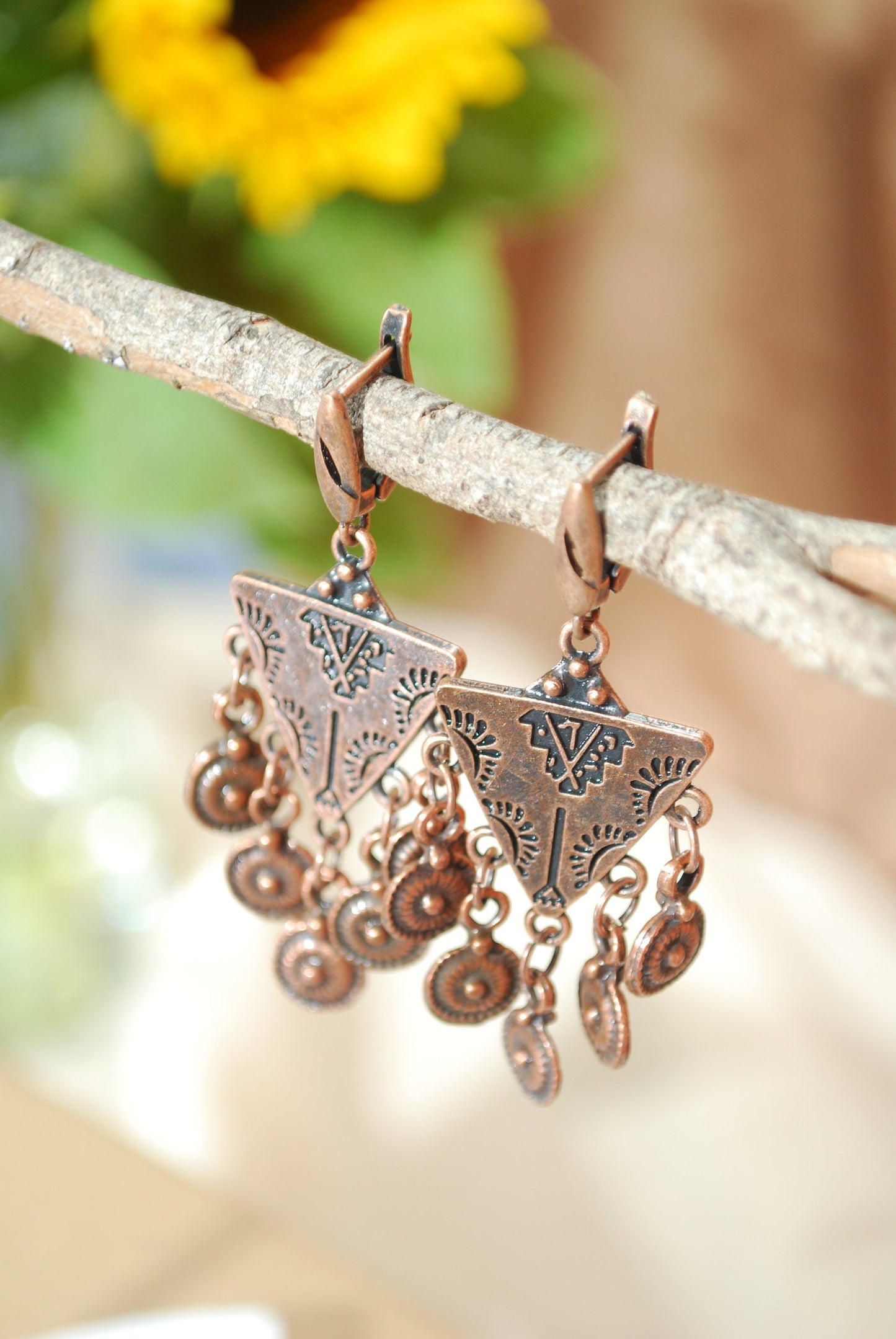 Triangle stylish exclusive festival earrings, Gypsy folk copper earrings, Estibela design, length 5,5 cm, 2.2"