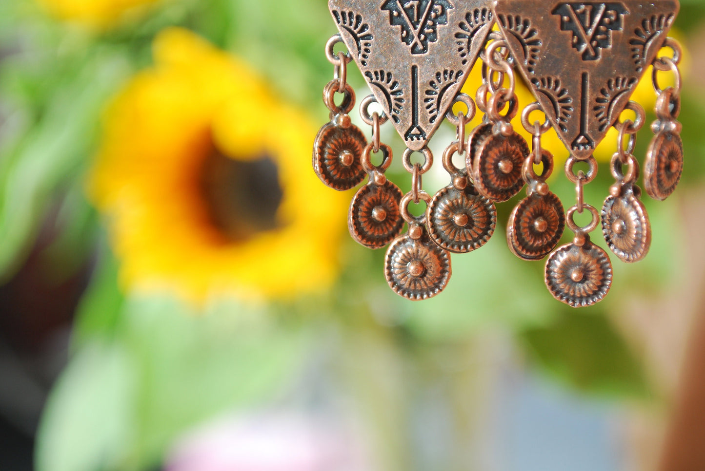 Triangle stylish exclusive festival earrings, Gypsy folk copper earrings, Estibela design, length 5,5 cm, 2.2"