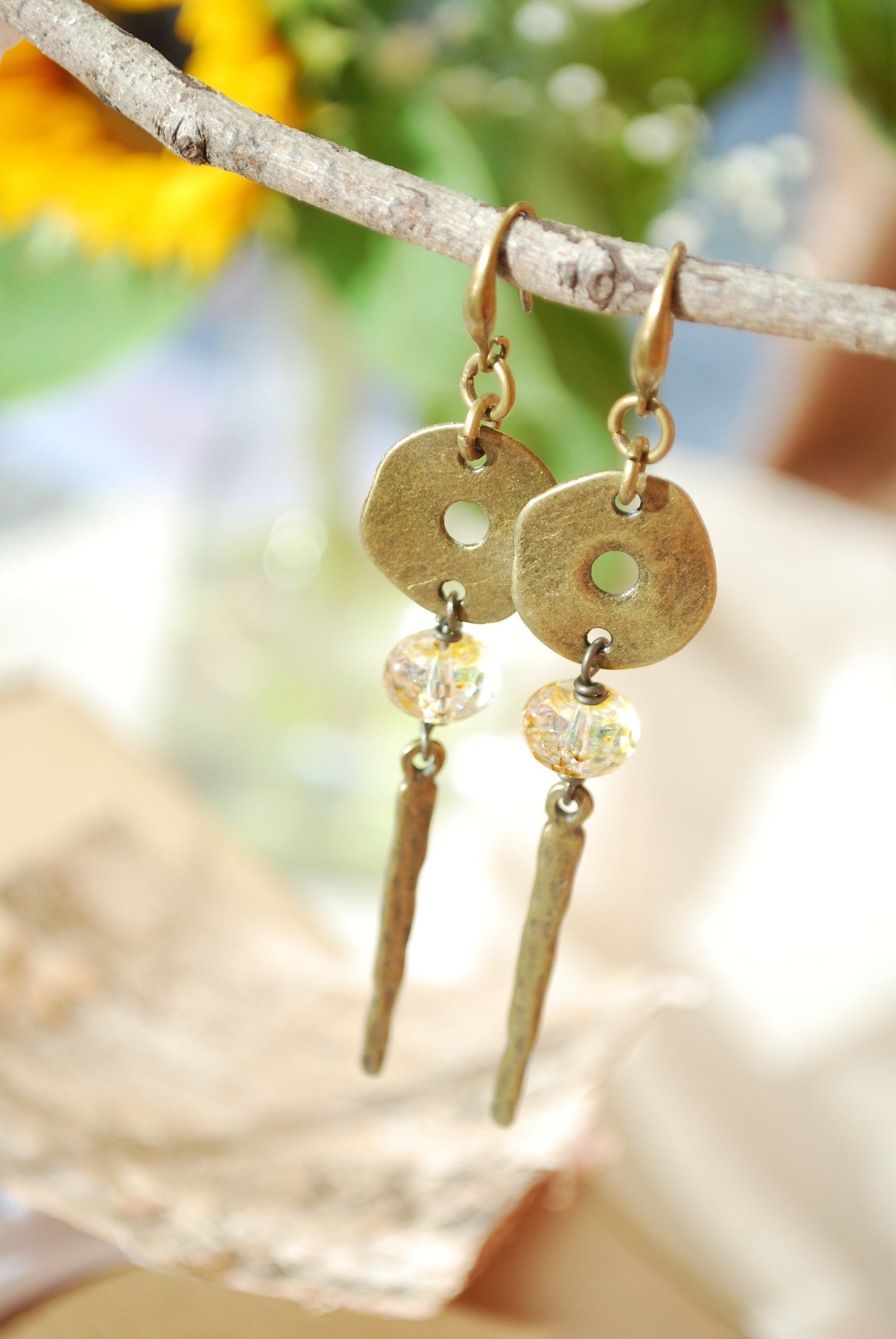 Vintage Style Spike Bohemian Earrings with Yellow Czech Glass Beads, 9cm