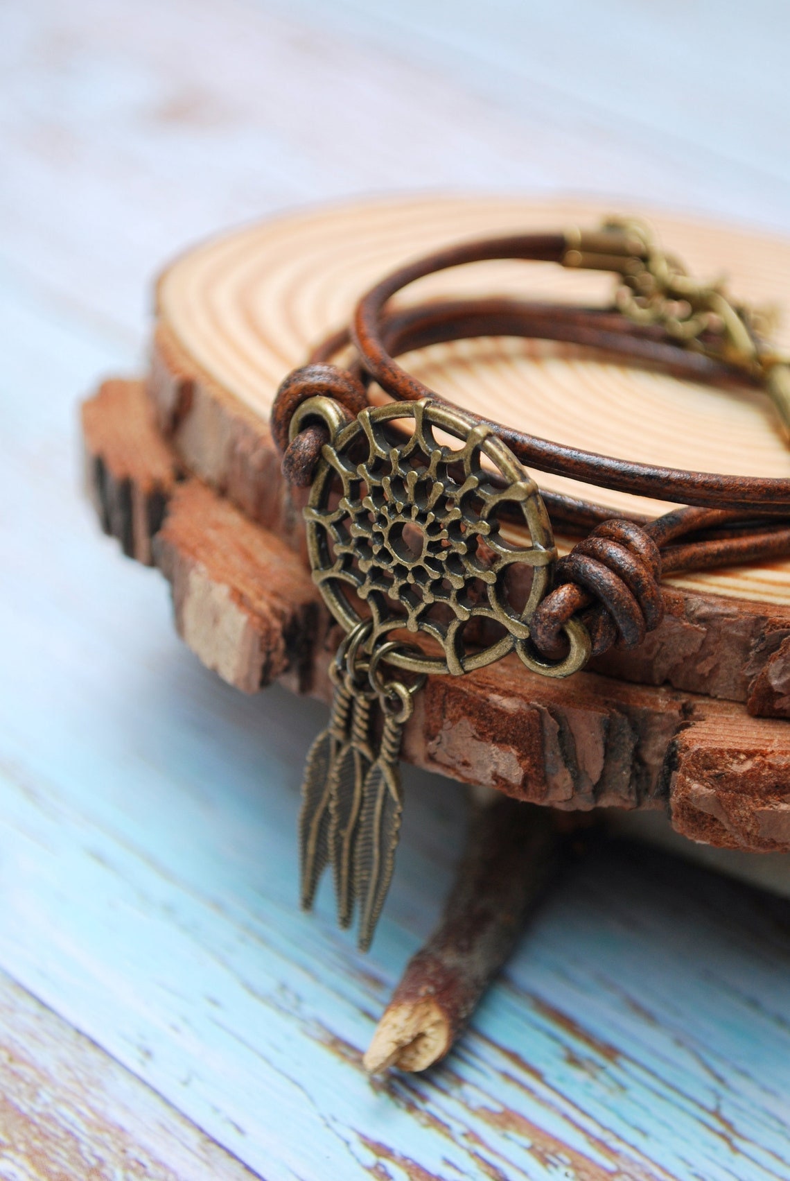 Dream catcher leather bracelet, Native American and First Nations cultures.