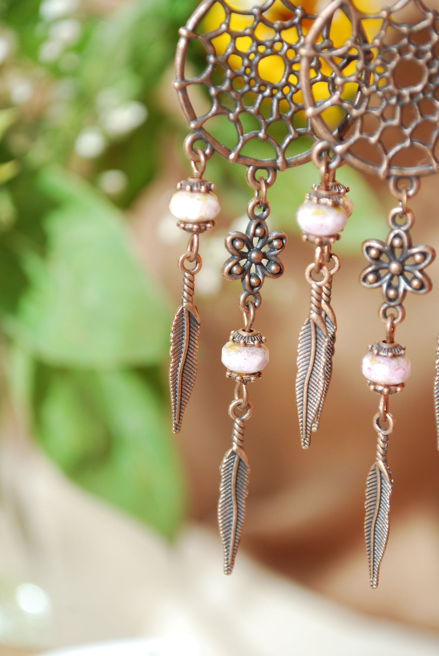 Dream Catcher feather hippie copper beaded long earrings, natives Americans jewelry, Indian style, 10cm 4"