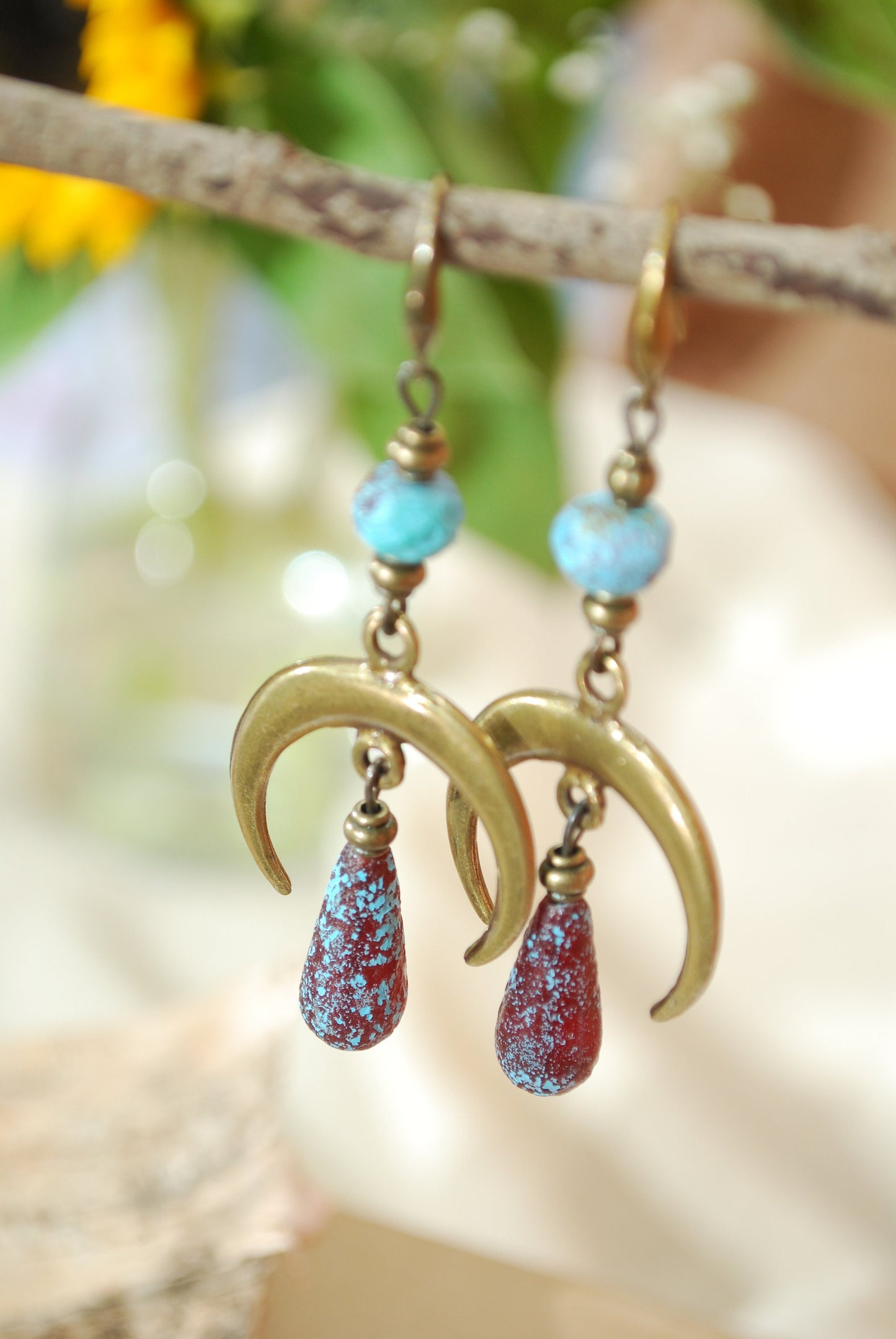 Moon phases earrings, boho bronze dangles, fake seaglas teardrop beaded earrings, sizze 7cm 2.75 inches