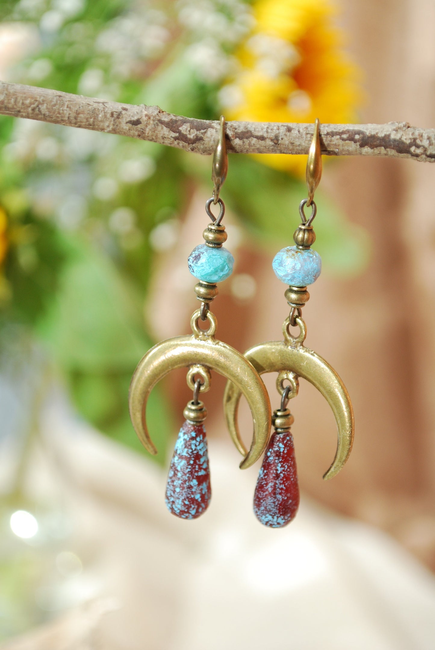 Moon phases earrings, boho bronze dangles, fake seaglas teardrop beaded earrings, sizze 7cm 2.75 inches