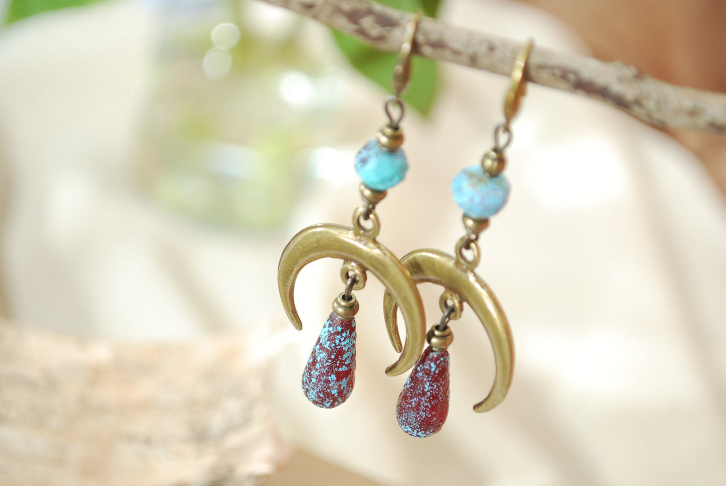 Moon phases earrings, boho bronze dangles, fake seaglas teardrop beaded earrings, sizze 7cm 2.75 inches