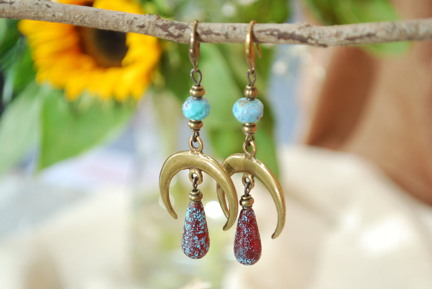 Moon phases earrings, boho bronze dangles, fake seaglas teardrop beaded earrings, sizze 7cm 2.75 inches