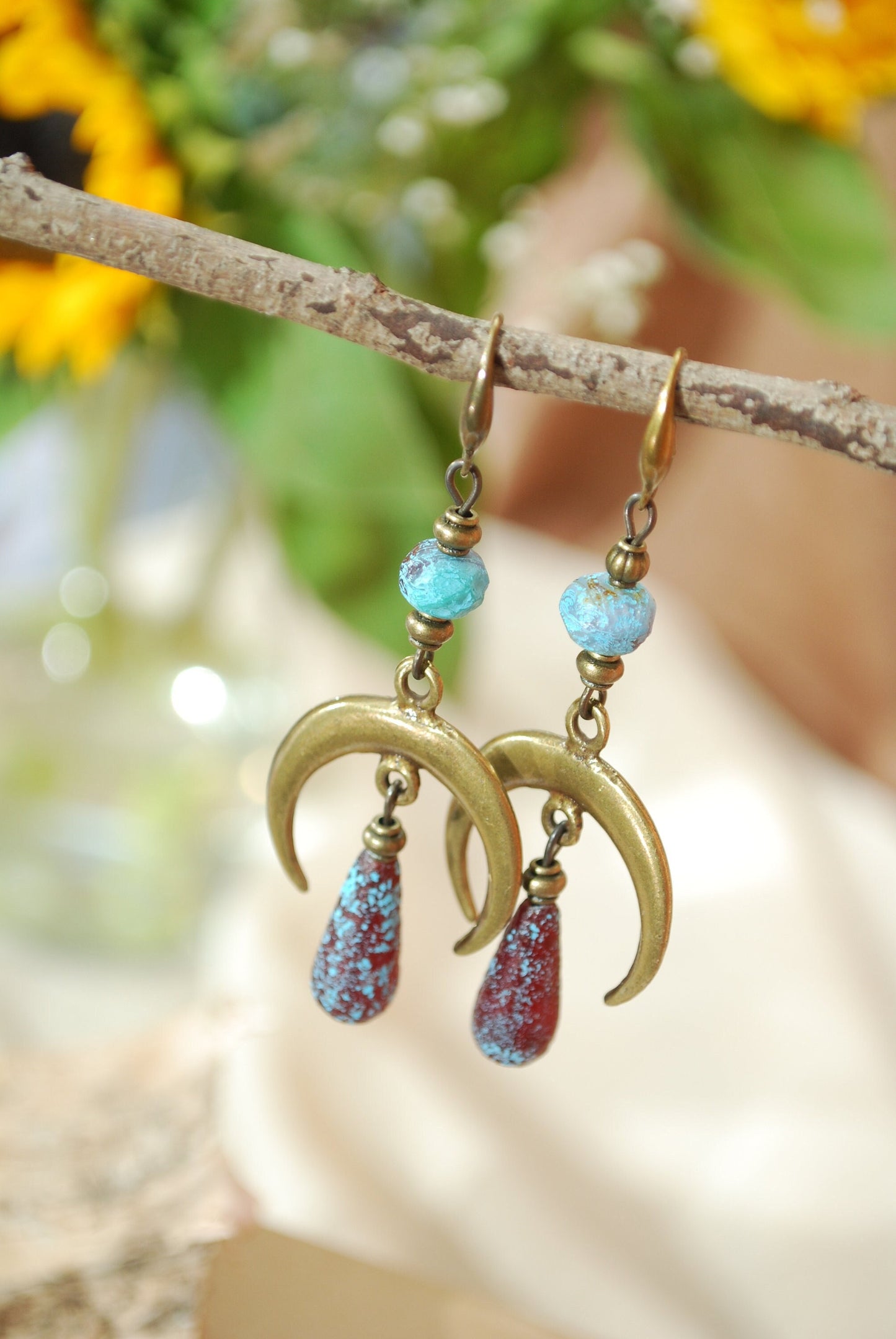 Moon phases earrings, boho bronze dangles, fake seaglas teardrop beaded earrings, sizze 7cm 2.75 inches