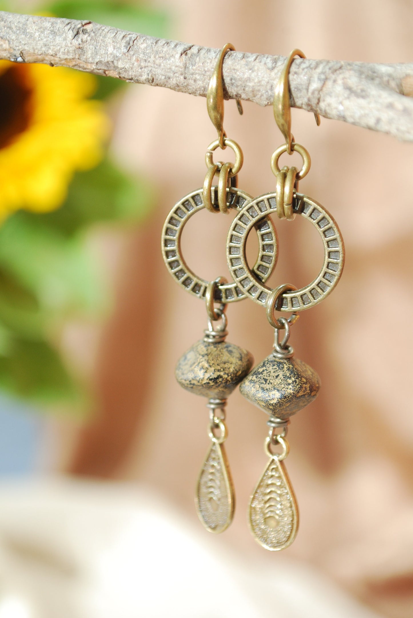 Artsy bronze dangle earrings, Boho-chic style, Estibela  design, 7,3cm, 3"