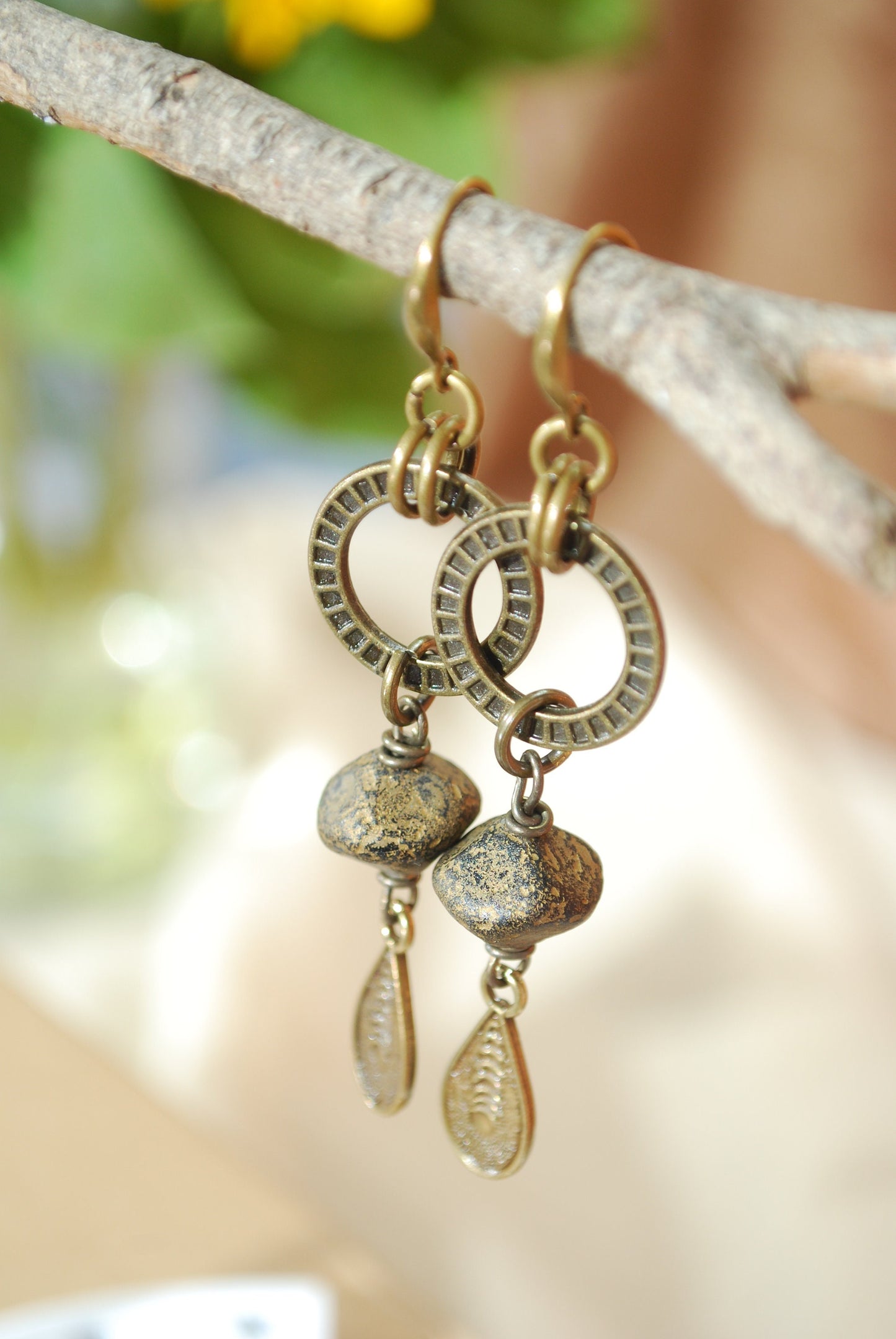 Artsy bronze dangle earrings, Boho-chic style, Estibela  design, 7,3cm, 3"