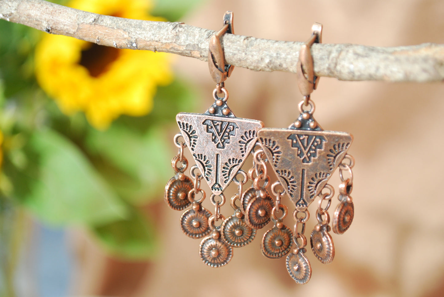 Triangle stylish exclusive festival earrings, Gypsy folk copper earrings, Estibela design, length 5,5 cm, 2.2"